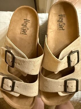 Hey Girl Cream Suede Double-Strap Buckle Sandals